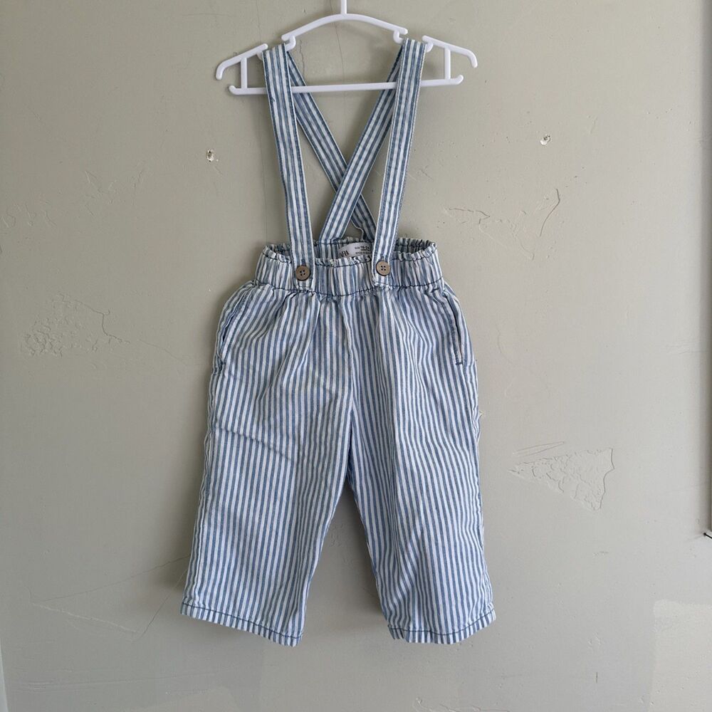 Zara Baby 18-24 Months Pants Overalls Suspenders Blue White Stripe